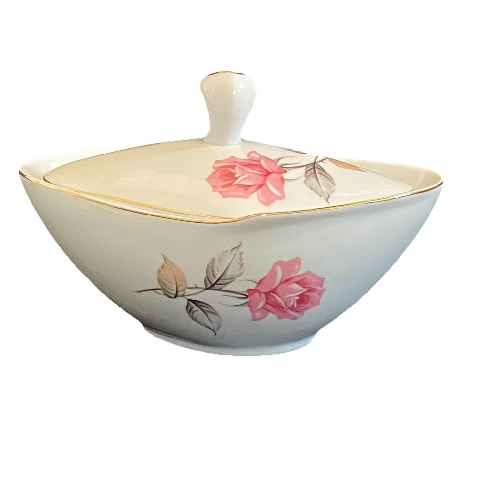 Vintage Schmidt S. Catarina Porcelain Sugar Bowl with Lid White Rose Gold Trim